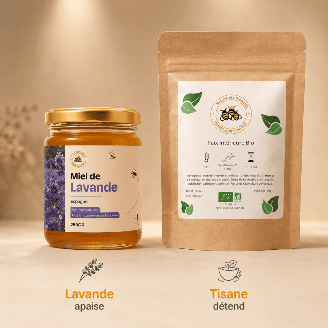 Bienfaits du Pack Détente & Sommeil : miel de lavande qui apaise et tisane bio qui détend