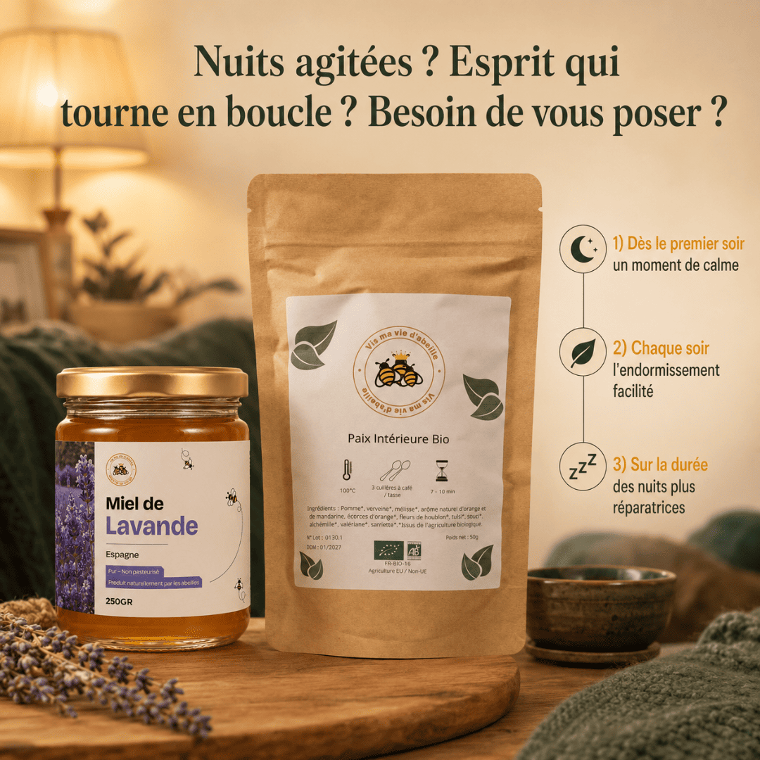 Composition du Pack Détente & Sommeil : miel de lavande et tisane Paix Intérieure Bio