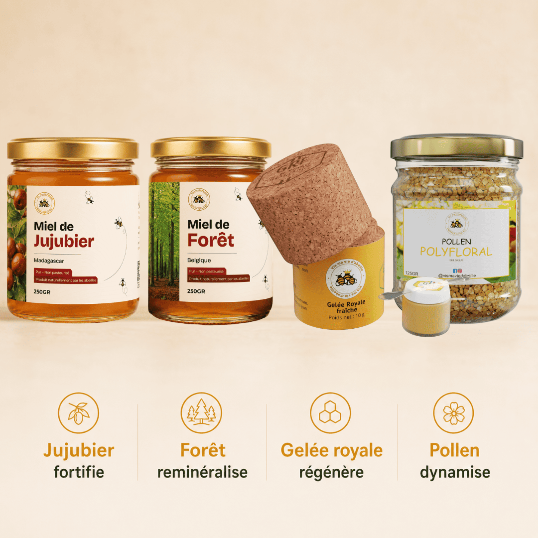 Bienfaits du Pack Immunité & Énergie : jujubier qui fortifie, forêt qui reminéralise, gelée royale qui régénère, pollen qui dynamise