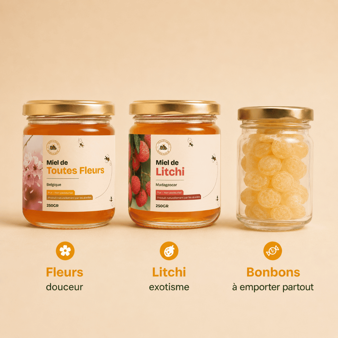 Bienfaits du Pack Plaisir & Gourmandise : douceur du miel de fleurs, exotisme du miel de litchi, bonbons au miel à emporter