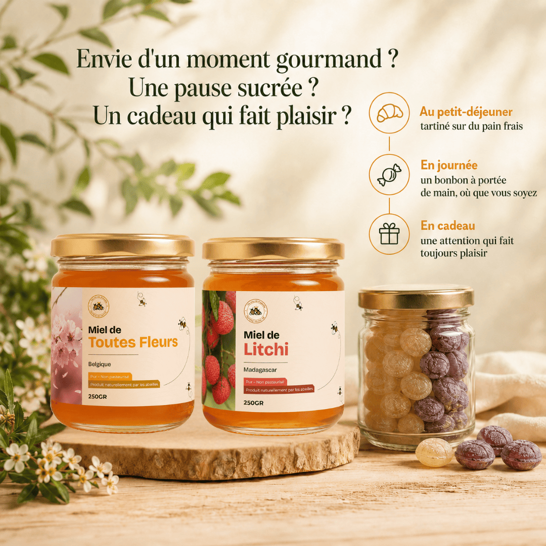 Composition du Pack Plaisir & Gourmandise : miel de fleurs, miel de litchi et bonbons au miel