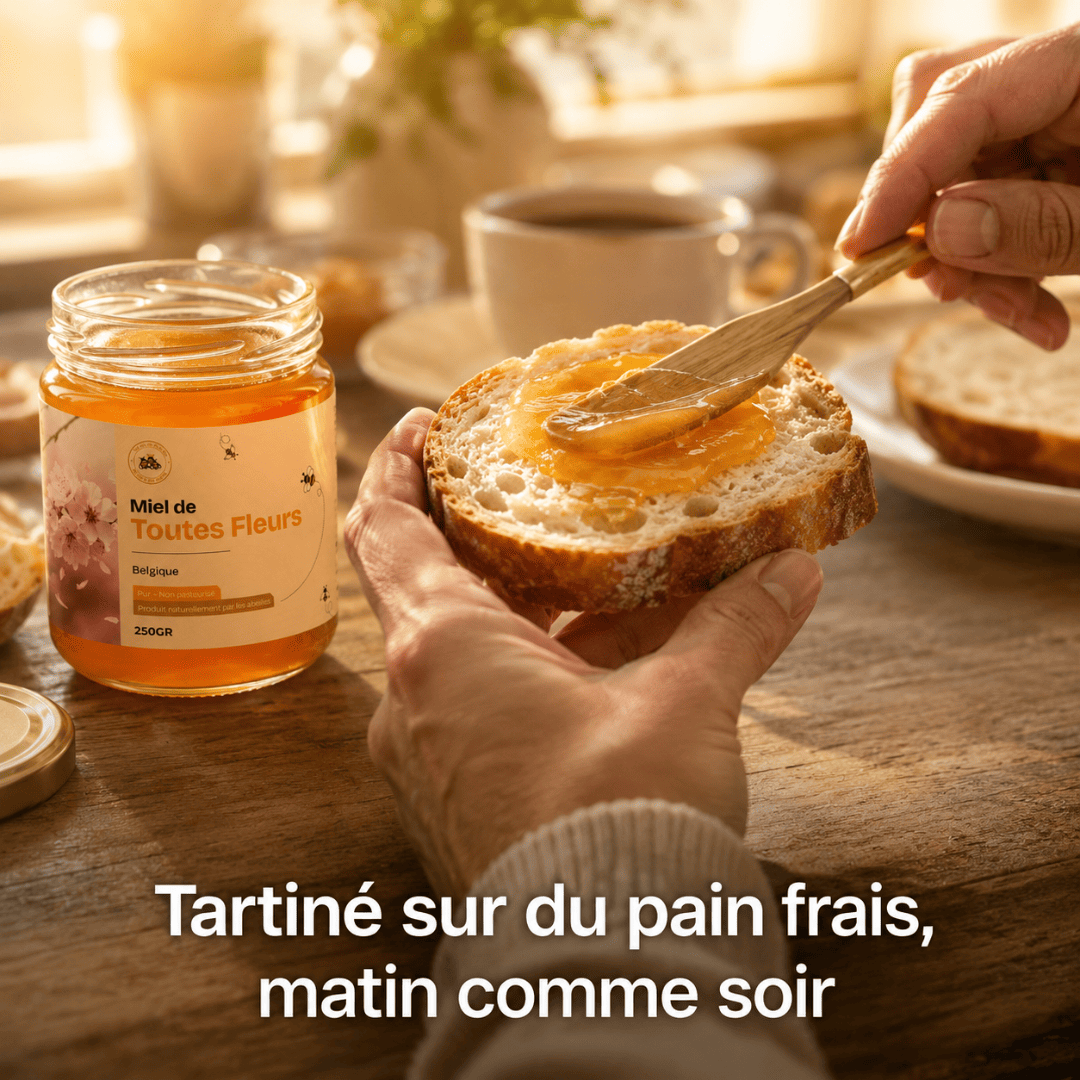 Miel de toutes fleurs du Pack Plaisir & Gourmandise tartiné sur du pain frais au petit-déjeuner