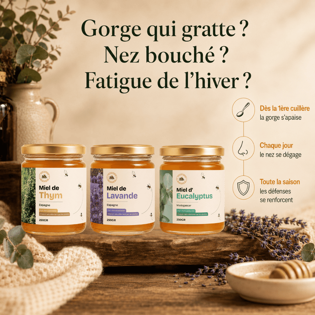 Composition du Pack Toux & Hiver Vis ma vie d'abeille : miel de thym, miel d'eucalyptus et miel de lavande