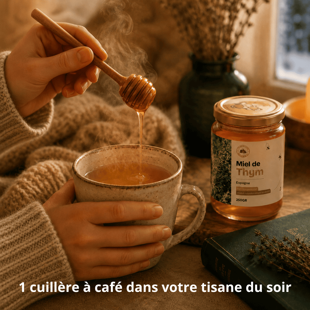 Utilisation du miel de thym du Pack Toux & Hiver dans une tisane du soir